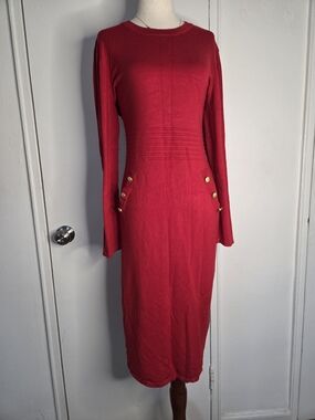 Red Long Sleeve Midi Dress with Gold Button Details